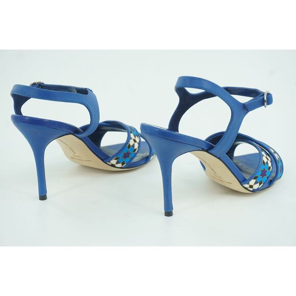 Manolo Blahnik Talitha Linen Strap Blue Floral Sandals size 39.5 Ankle - Picture 9 of 11